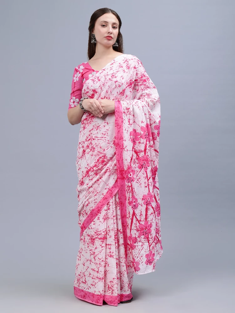 Pink White Printed Malmal Cotton Saree-4.webp